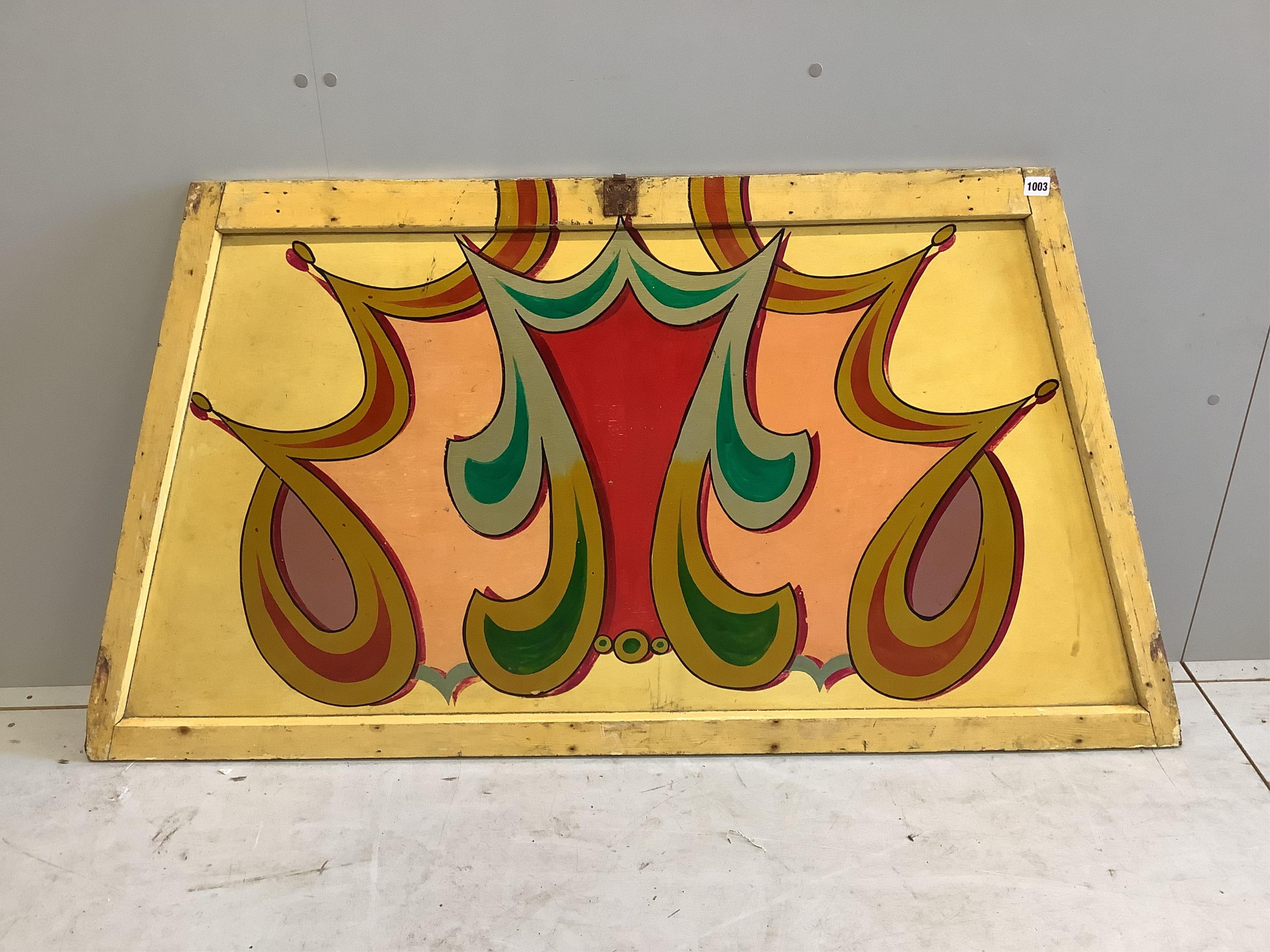 Eight mid century painted wood fairground carousel panels of tapered rectangular form, each panel width 150cm, height 80cm. Condition - fair